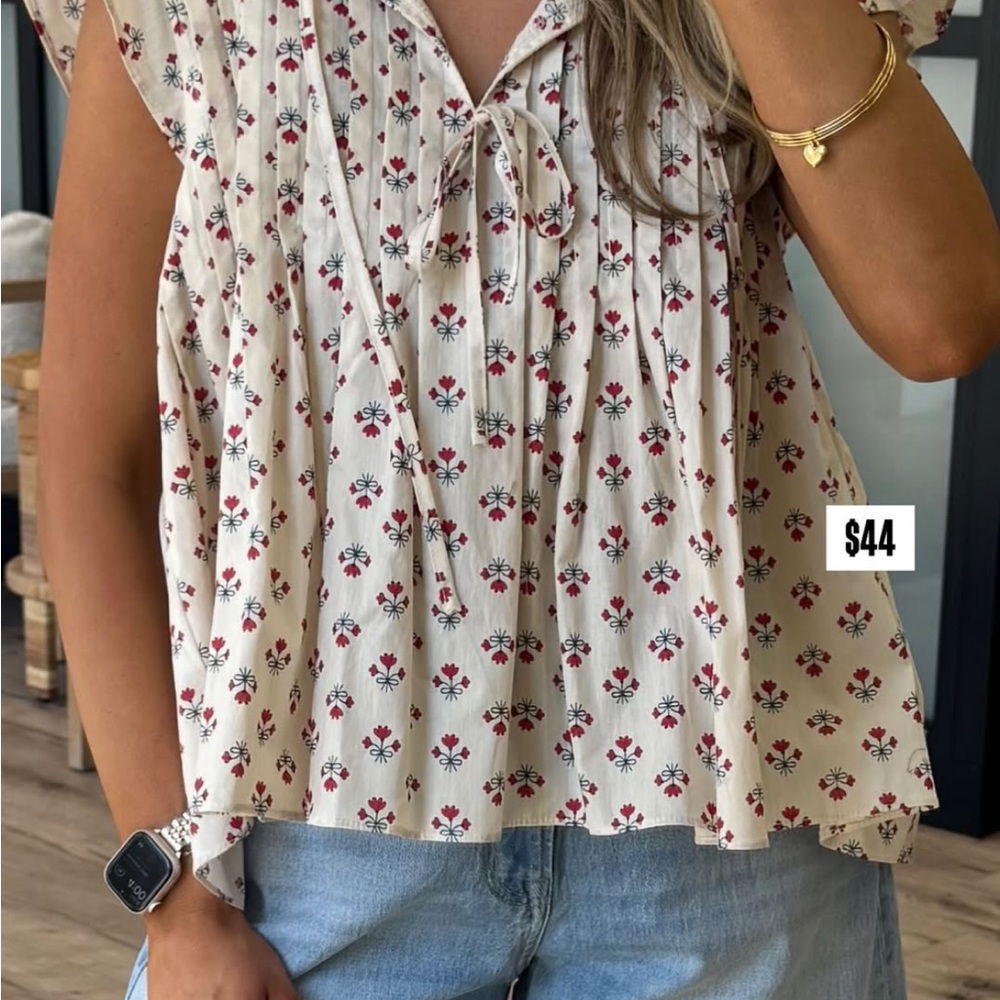 TALULAH Cream Blouse with Red and Blue Floral Print